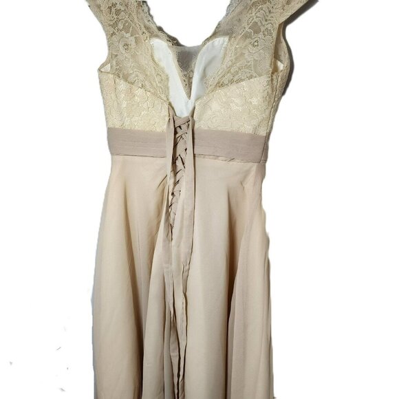 Warm Notices Champagne Lace & Chiffon Cocktail Dress Size 6 Elegant V-Neck - Picture 9 of 13